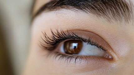 Obraz premium Close-up of a human eye, showcasing eyelashes and iris details.