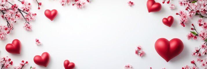 A collection of hearts arranged on a white surface, surrounded by delicate cherry blossoms, creating a romantic and serene Valentine's Day theme.