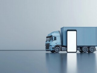A modern blue truck with a blank mobile phone screen, symbolizing technology in the transport industry and logistics advancement. Cargo management logistics tracking automation concept.
