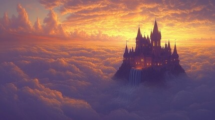 A breathtaking floating city with glowing towers and cascading waterfalls that flow into radiant clouds below. The city streets are illuminated with floating lanterns, creating a magical and 