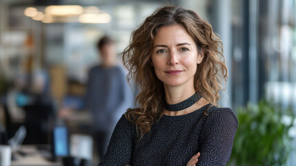 Fototapeta premium Confident female entrepreneur in modern office setting, showcasing leadership and professionalism. Her curly hair and stylish outfit reflect contemporary work environment
