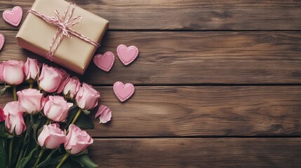 A beautifully wrapped gift box adorned with a bow, accompanied by fresh pink roses, resting elegantly on a rustic wooden table.