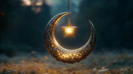 Glowing crescent moon and star lantern hanging in mystical forest.