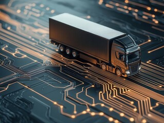 A modern truck on a digital circuit background, symbolizing technology in logistics and transportation industries. Cargo management logistics tracking automation concept.