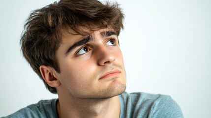 Naklejka premium Young man with tousled hair looking up thoughtfully, expressing concern and contemplation. His serious expression reflects moment of introspection and uncertainty
