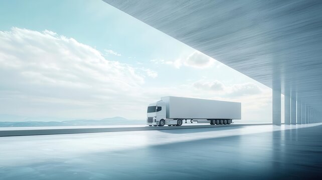 A modern truck parked under a sleek structure, showcasing a minimalist design and a serene sky in the background. Cargo management logistics tracking automation concept.