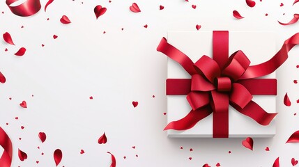 A beautifully wrapped white gift box adorned with a vibrant red ribbon and an elegant bow, perfect for expressing love on Valentine's Day.