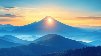 Breathtaking Sunrise Over Majestic Mountain Range with Misty Valleys, Beautiful Sky, and Vibrant Colors Reflecting Nature's Splendor and Tranquility