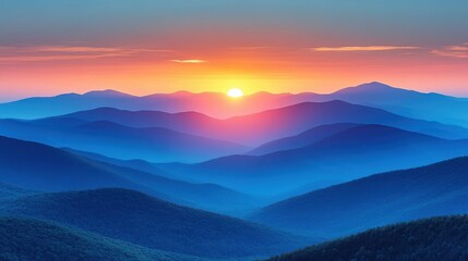 Obraz premium Majestic Sunrise over Blue Mountain Ridges with Soft Hues of Orange, Pink, and Purple Illuminating Serene Landscape
