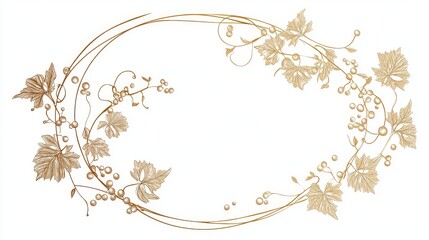 28.Elegant line art design of a round frame with a twisting golden vine; the vine is adorned with finely detailed leaves and small clusters of grapes, creating a graceful and balanced composition,