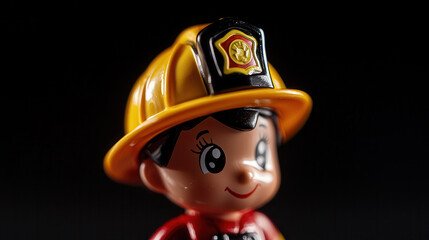 polished firefighter toy figure with bright yellow helmet, showcasing vibrant colors and details in studio lighting