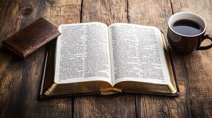 Open bible, coffee cup, and small book on wooden table.