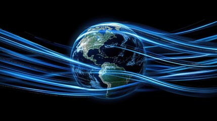 High-tech representation of a spinning globe surrounded by swirling data streams, emphasizing global telecom