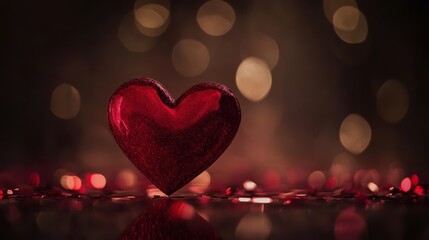 A vibrant red heart-shaped object rests on a table, illuminated by soft lights in the background, evoking a romantic Valentine's Day atmosphere.
