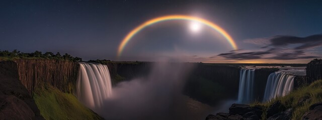 A stunning capture of the rare phenomenon of a moonbow over Victoria Falls, illuminated by the moonlight, Moonbow scene
