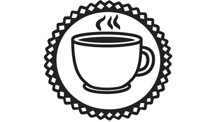 A stylized illustration of a steaming coffee cup within a decorative border.