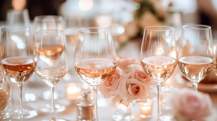 76.A variety of wine glasses placed on a table, each filled with different types of wine; the arrangement showcases reds, whites, and ros&Atilde;&copy;s, each glass capturing the light with subtle reflections and