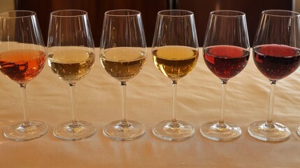 76.A variety of wine glasses placed on a table, each filled with different types of wine; the arrangement showcases reds, whites, and rosÃ©s, each glass capturing the light with subtle reflections and