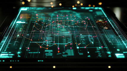 A futuristic decision support chart with glowing metrics and vibrant connections, displayed on a textured holographic platform, creating a high-tech and intelligent data visualization interface.