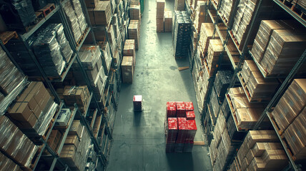 Aerial view of warehouse workers discussing inventory management among stacked boxes in a large storage facility. Cargo management shipment efficiency concept.