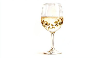 94.Realistic watercolor rendering of a wine glass with golden vine and floral embellishments along the base, filled with light, translucent white wine. The white background emphasizes the elegance of