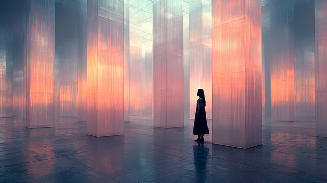 A silhouette stands among ethereal, translucent pillars reflecting a serene, colorful sky.