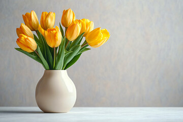 A minimalistic composition of yellow tulips in a white vase, ideal for spring promotions, floral arrangements, and cheerful decorations for events and celebrations.