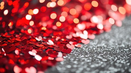 A vibrant red and silver glitter background adorned with sparkling hearts, perfect for celebrating love on Valentine's Day.