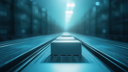 Futuristic warehouse automated system with glowing lights and packages moving along the conveyor belt in a streamlined process. Cargo management logistics tracking automation concept.