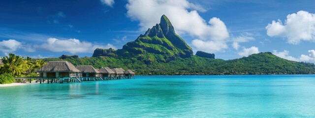 A stunning capture of the remote island of Bora Bora, with turquoise lagoons and overwater bungalows against a backdrop of Mount Otemanu, Bora Bora scene