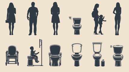 Silhouettes of people of different ages and heights with various toilet types for accessibility.
