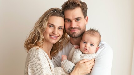 Fototapeta premium A joyful family portrait featuring a smiling couple holding their baby, exuding warmth and love against a neutral background.