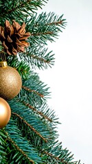 Festive Christmas Tree Branch with Gold Ornaments and Pine Cone Detail