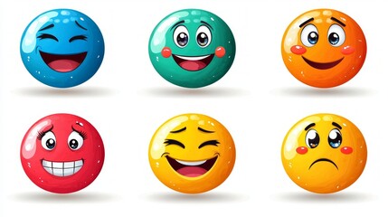 Obraz premium Six colorful emoticon balls expressing different emotions happiness, joy, sadness, and nervousness.