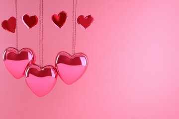 Three gleaming hearts dangle from a chain, set against a soft pink background, creating a romantic and festive atmosphere for Valentine's Day.