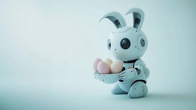 easter robot bunny holding a basked of eggs of various pastel colors, easter, eggs, holiday, spring