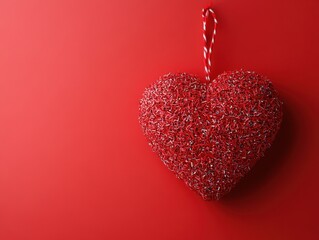 Obraz premium A vibrant red background showcases a giraffe-shaped heart decoration alongside a festive candy cane, embodying the spirit of Valentine's Day.