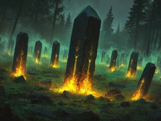 A magical forest clearing where radiant orbs hover in the air, casting soft light on the ancient stone ruins scattered across the ground. A glowing crystal monolith stands at the center, pulsating 