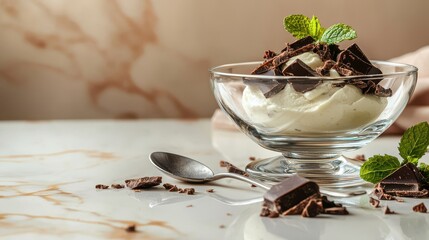 Elegant Mousse Dessert on Polished Marble Countertop in Warm Kitchen Setting