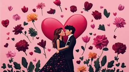 Fototapeta premium A couple stands together before a large heart adorned with vibrant flowers, symbolizing love and romance on Valentine's Day.