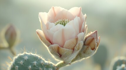 Blooming cactus flower at sunrise, desert background, botanical use.