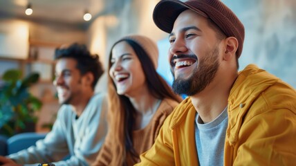 Obraz premium A cheerful group of three friends enjoying a moment together, smiling and engaged in conversation in a cozy, modern setting.