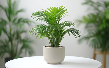 Obraz premium Indoor potted palm plant on table, lush greenery background, home decor, website use.