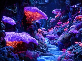 A magical underwater city glowing with radiant coral towers and bioluminescent arches. Ethereal sea creatures swim gracefully through the water, adding life to the mystical underwater landscape. 