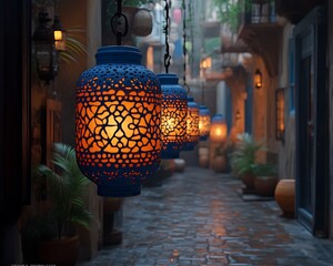 Illuminated lanterns hanging in a narrow alleyway.