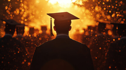 graduate stands in silhouette against glowing sunset, celebrating achievement. scene captures joy and anticipation of new beginnings