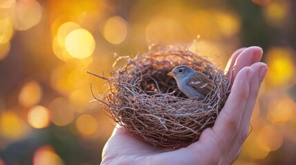 Small bird in nest held gently in human hand at sunset.