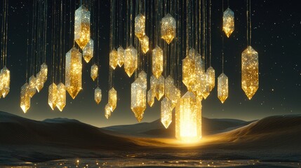 A mystical desert glowing with radiant dunes that ripple like molten gold. At the horizon, a glowing portal surrounded by floating crystals radiates soft, magical energy into the twilight sky. 