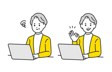 パソコンを見て悩む･OKサインのポーズをするシニア女性･高齢者のセット【人物ベクターイラスト素材】