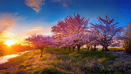 Blooming Trees, sunset in the mountains, Nature's Beauty, Blooming Trees and Sunset Glow